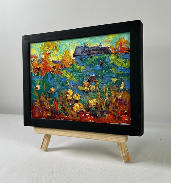 Image 1 of Original Oil Painting Summer House Landscape Work in the Garden
