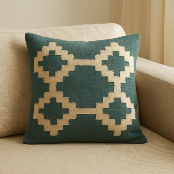 Image 1 of Handmade Egyptian Wool Cushion Cover "Senon" - 40×40 cm - Green & Cream - With Zipper - Excluding Inner Cushion