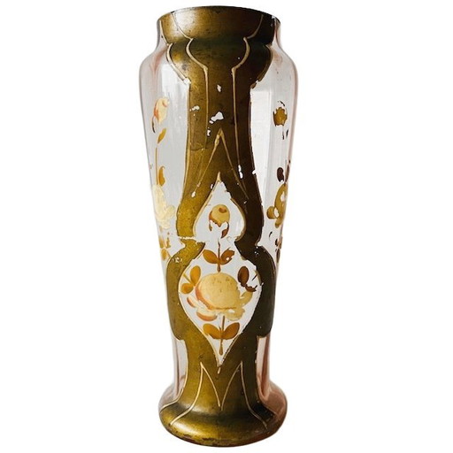 Antico vaso vittoriano in stile Art Nouveau in vetro dorato dipinto a mano, anni 1900