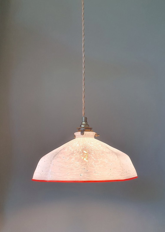 Image 1 of lampada a sospensione vintage - vetro opalino - paralume marmorizzato bianco