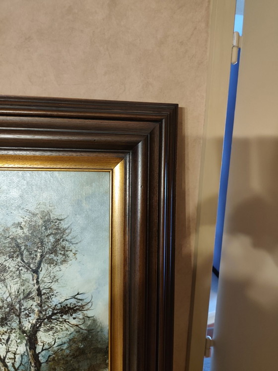 Tableau vintage paysage hivernal signé par P. Franks, Objets d'art, Métal, Bois, Bleu (photo 4 sur 15)