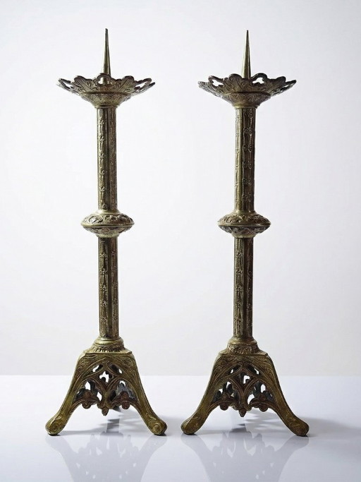 Large pair of antique gilt bronze candlesticks, 19th-century Gothic style