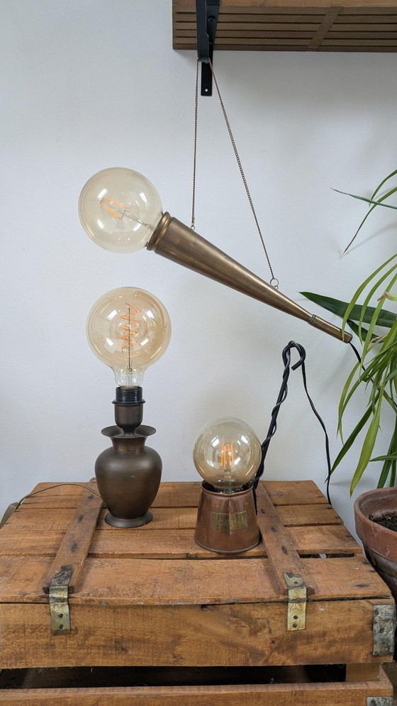 Trio of upcycled brass and copper ambient lamps, Grey_ster studio design, Table lamps, Metal, Gold, Vintage (photo 2 of 11)