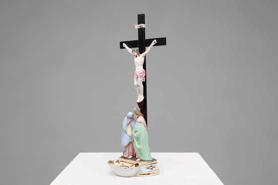 Image 1 of Holy Water Font in Porcelain with Crucifix from Vieux Andenne, Belgium, 20th Century