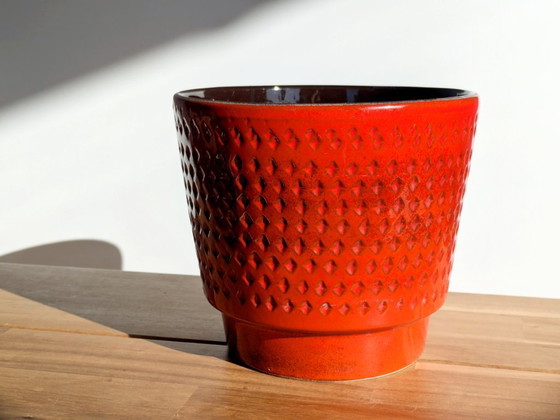 Image 1 of Large Vintage West German Pottery Planter, Bright Red Mid-Century Flower Pot, Strawberry Texture