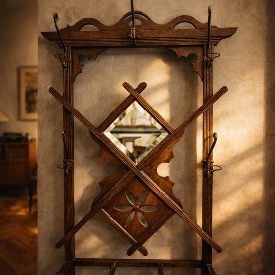 Image 1 of Vintage Wooden Wall Coat Rack Hallway Storage Hanger Unit