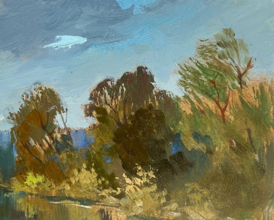 Image 1 of Dipinto ad olio originale raffigurante un paesaggio fluviale costiero con un traghetto su un lungo fiume.