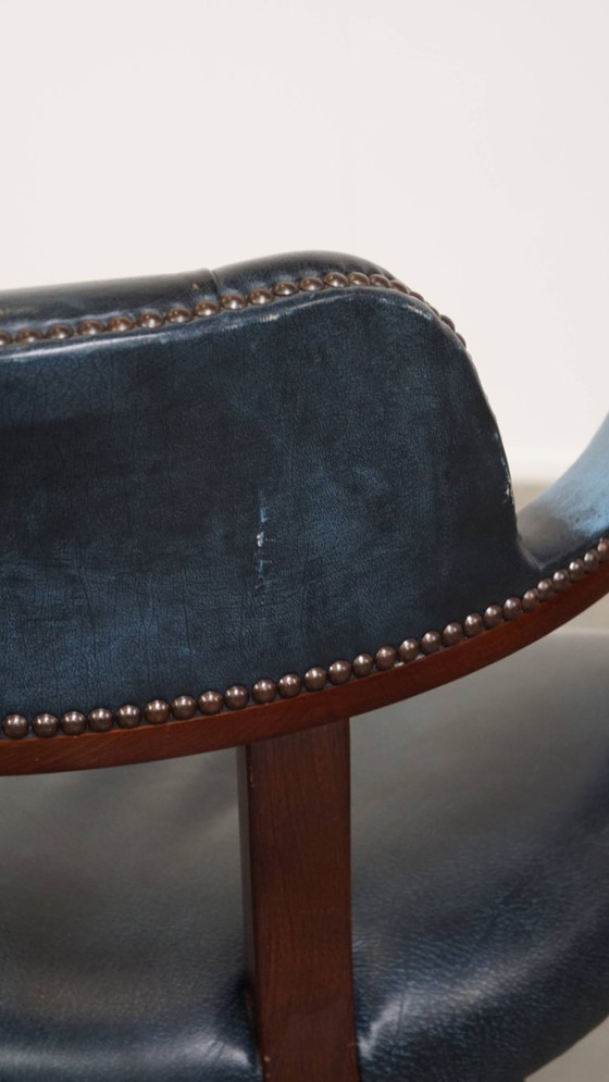 Image 1 of Blue cowhide leather and wood chesterfield office chair in English style