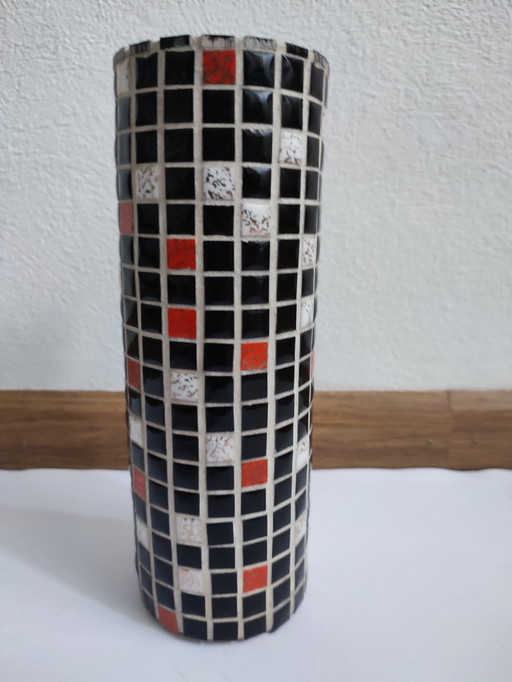Vase Mosaïque Vintage '70 Noir Blanc Rouge Carreaux Jointés