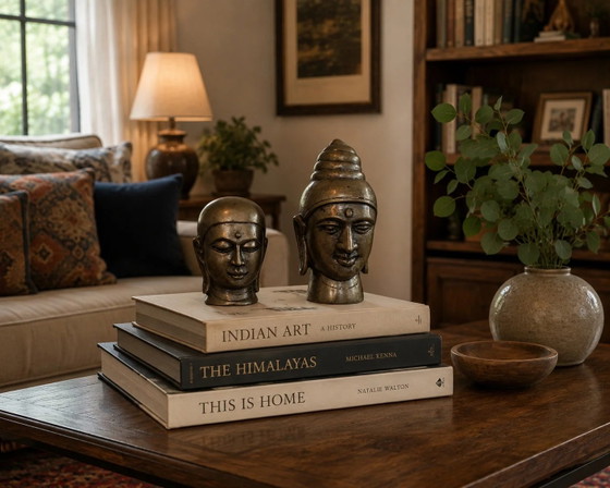 Set of 2 Bronze Heads – Buddha & Monk – Hand-cast Asian Bronze – Sculpture, Aziatisch (photo 2 of 9)