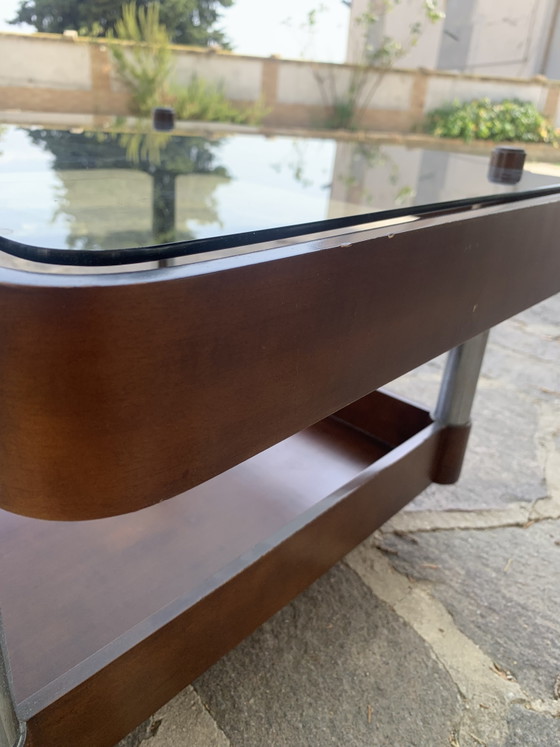 Image 1 of Vintage 1970s Coffee Table - Smoked Glass and Curved Wood with Double Shelf - 66x66x37 cm
