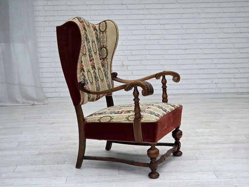 Poltrona danese con schienale alto, anni '50, tessuto di lana intrecciato, velluto rosso per mobili, legno di frassino.