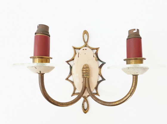 Image 1 of PRACHTIGE DUBBELE METALEN WANDLAMP, MESSING & GLAS, VINTAGE UIT DE JAREN 1940-1950
