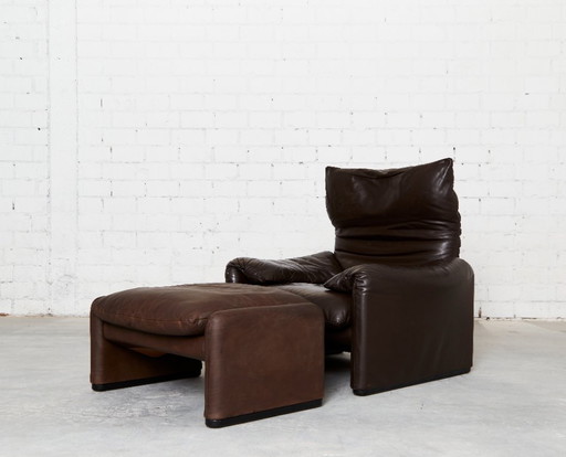 Maralunga-Loungesessel und passender Hocker aus Leder von Vico Magistretti für Cassina, 1980er Jahre, 2er-Set