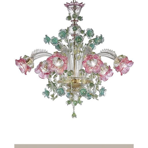 Verzierter venezianischer Kronleuchter aus Muranoglas in Rosa und Grün mit Blumenmuster