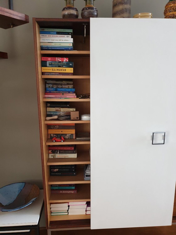 Image 1 of Teak wood cabinet with sliding door, drawers, mirror and light