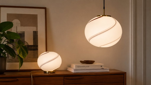 Vetri Murano ‘Swirl’ Set – Pendant & Table Lamp – Italy – Circa 1970 – hanglampen, Glass, Brass