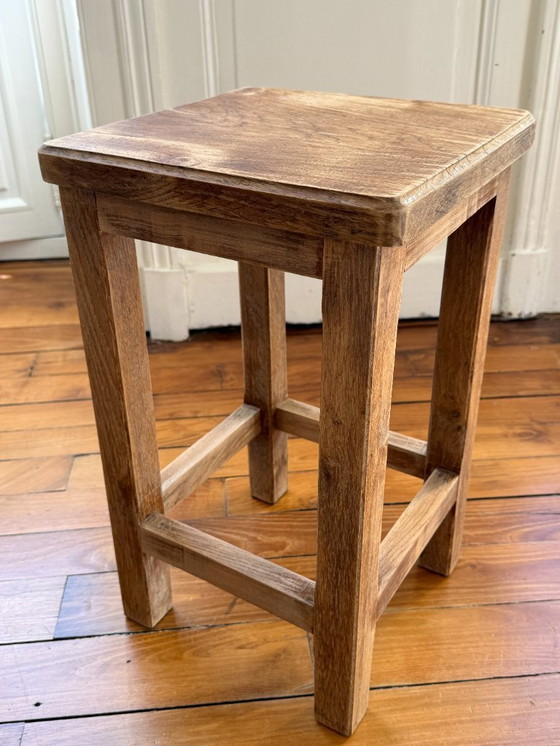 Image 1 of Brutalist stool in raw, aged-effect wood