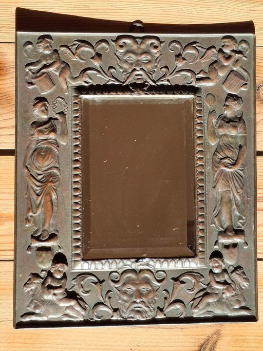 Rare Embossed Brass Frame Mirror, Beveled Glass, circa 1900