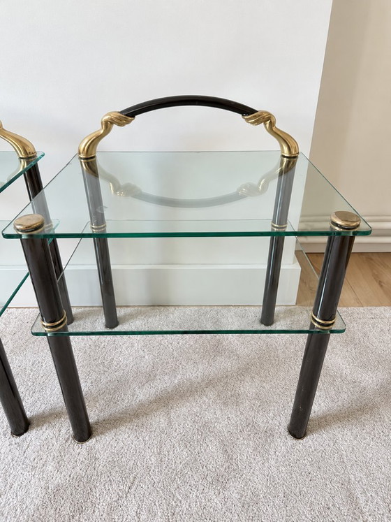 2 vintage side tables/nightstands, Hollywood Regency style, Metal, Glass, Black (photo 4 of 6)