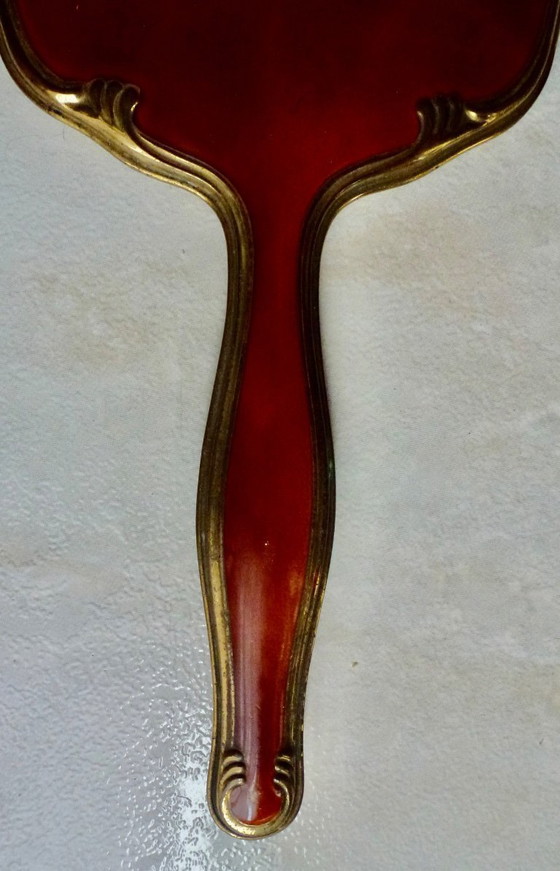 Image 1 of Vintage handspiegel, Facet geslepen, Duitsland, messing met celluloid.