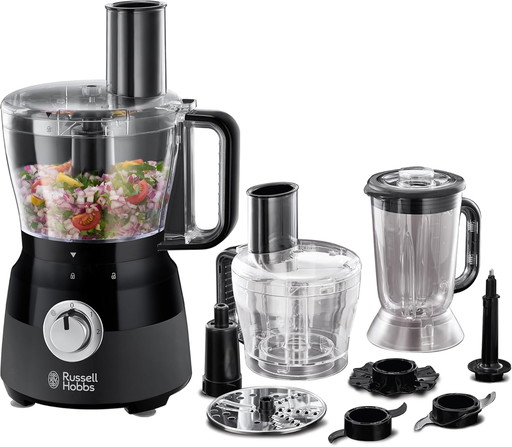 Russell Hobbs Robot Cuisine [Multifonction: Hâche, Mixe, Broie, Tranche, Râpe, Pétrit, Bat] Noir Mat (2 Vitesses+Fonction Pulse)