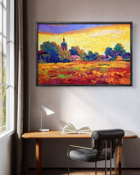 Original Oil Painting Rural Landscape Meadow Church Sunset Over The Village – Paintings & Drawings, Canvas (photo 3 of 7)