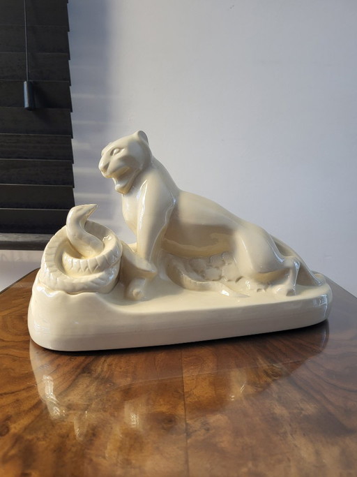 Charles Catteau Boch Frères Art Deco Panter & Slang Keramiek Ca.1930 – decoratieve objecten, Porcelain (photo 2 of 11)