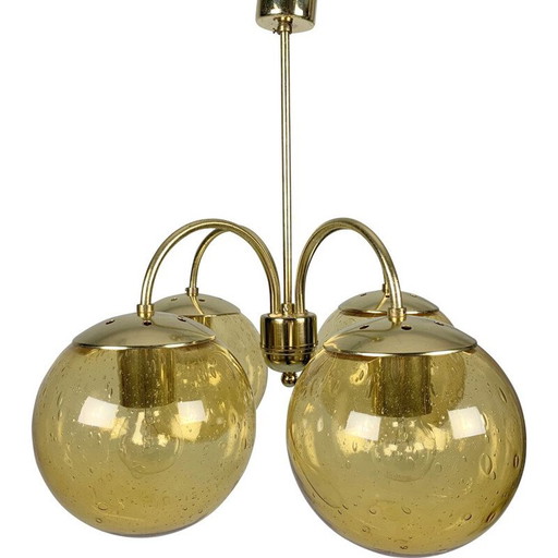 Lustre vintage en verre et laiton avec 4 bras