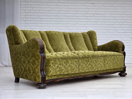 Image 1 of 1960s, Danish 3-seater sofa, furniture velour, carved oak wood.