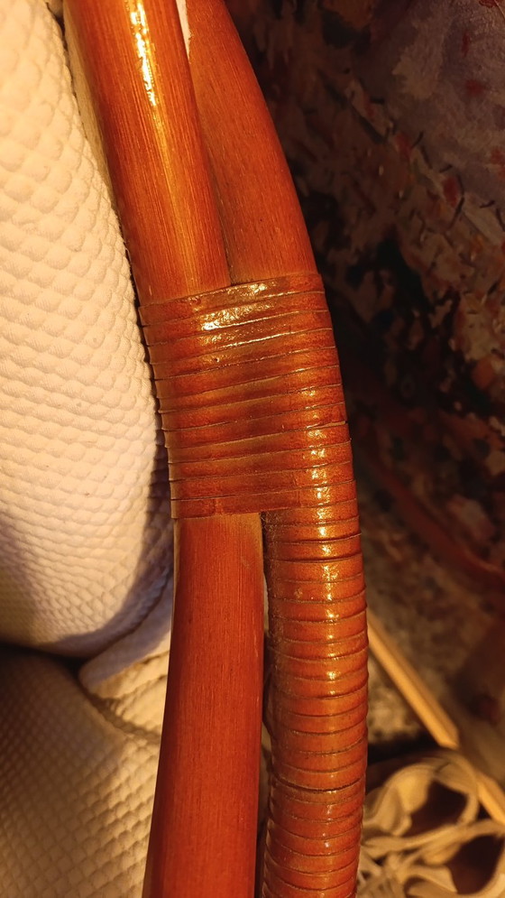 Rattan swivel chair with striped cushions, Textile, Brown, Vintage (photo 3 of 5)