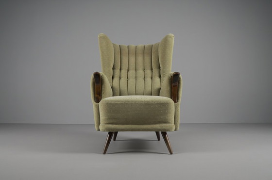 Image 1 of Large Green Italian Wood & Fabric Wingback Armchair, 1950s