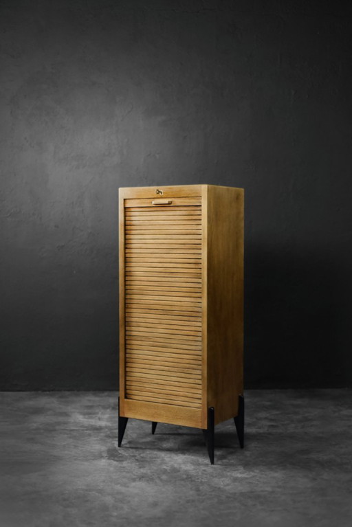 Vintage industriële Deense rolluikkast van bruin eikenhout met meerdere lades, jaren 50