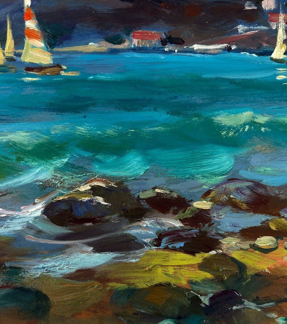 Image 1 of Original Oil Painting Summer Sea Landscape Seagulls over the waves