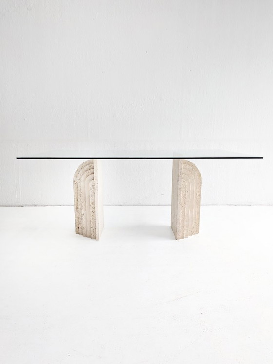 Image 1 of Travertine & Glass Dining Table with Sculpted Legs 1970s