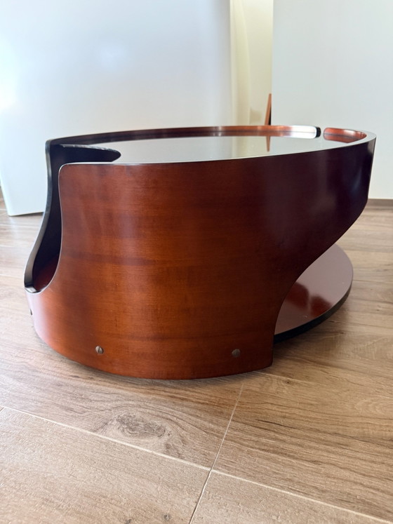 Italian Space Age Coffee Table – Smoked Glass & Curved Wood – 1970s (photo 9 of 15)