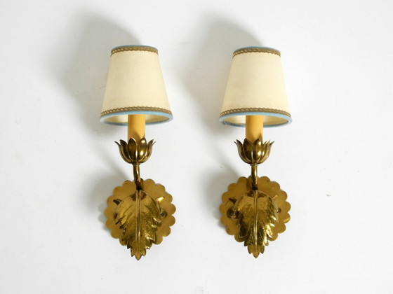 Image 1 of Two beautiful original Mid Century Modern floral wall lamps made of brass with high-quality lampshades