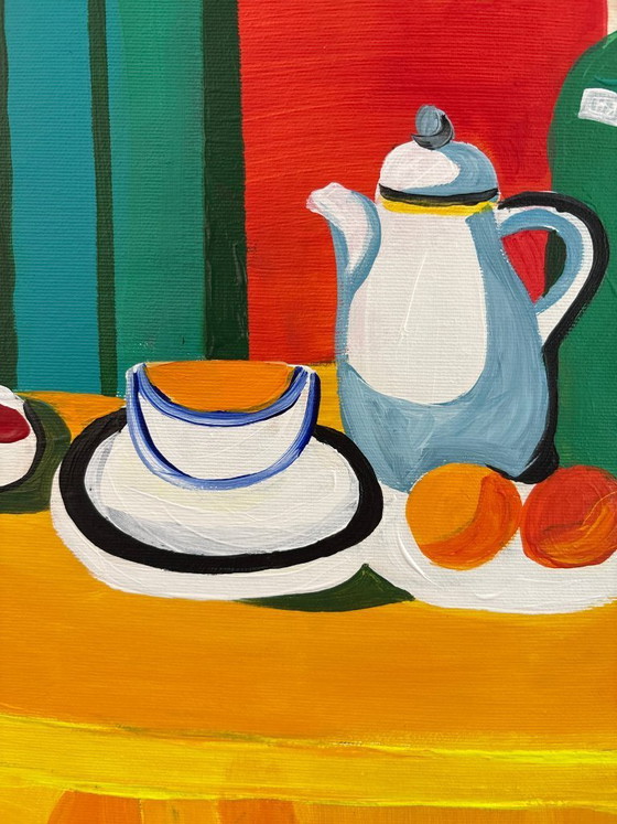 Image 1 of Pintura acrílica del artista E. García "El mantel amarillo" 100x70 cm