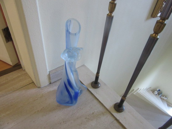 Image 1 of Swirled Frosted Blue Heavy Glass Bud Vase Art Nouveau inspired, vintagefron