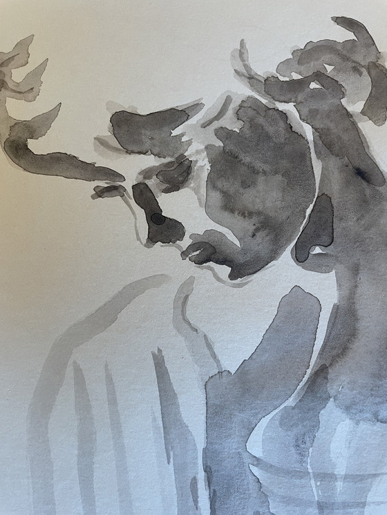 Image 1 of Aquarell Sepia Porträt Frau "Schattenspiel"