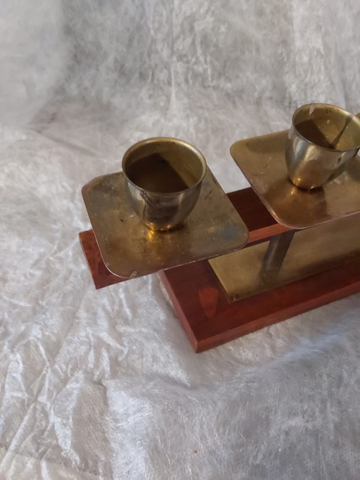 Portacandele vintage in teak con ottone
