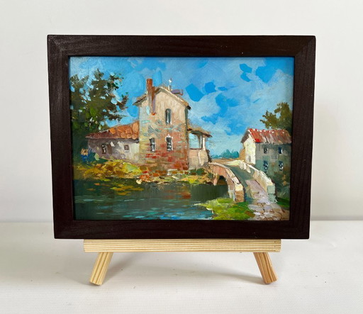 Original Oil Painting Village Bridge Landscape: The Bridge Leading to the City