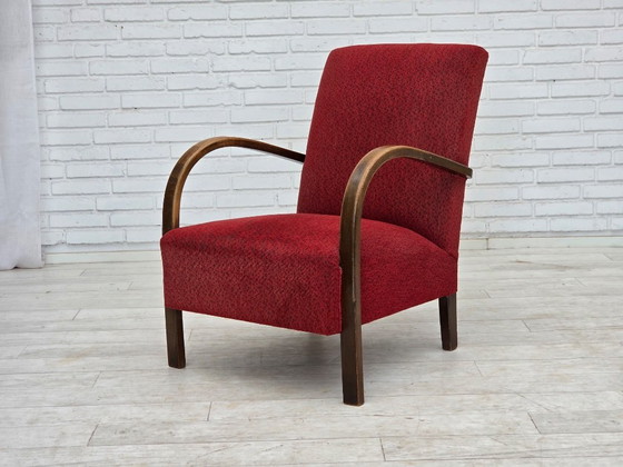 Image 1 of Sillón danés art déco de la década de 1950, tapizado en lana roja original y madera de haya.