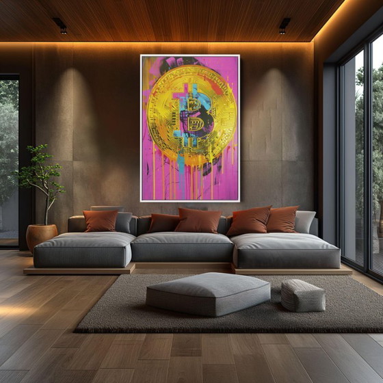 Image 1 of Dine CHANIMA - Bitcoin Pop Art gigante in colori neon - Tela d'artista