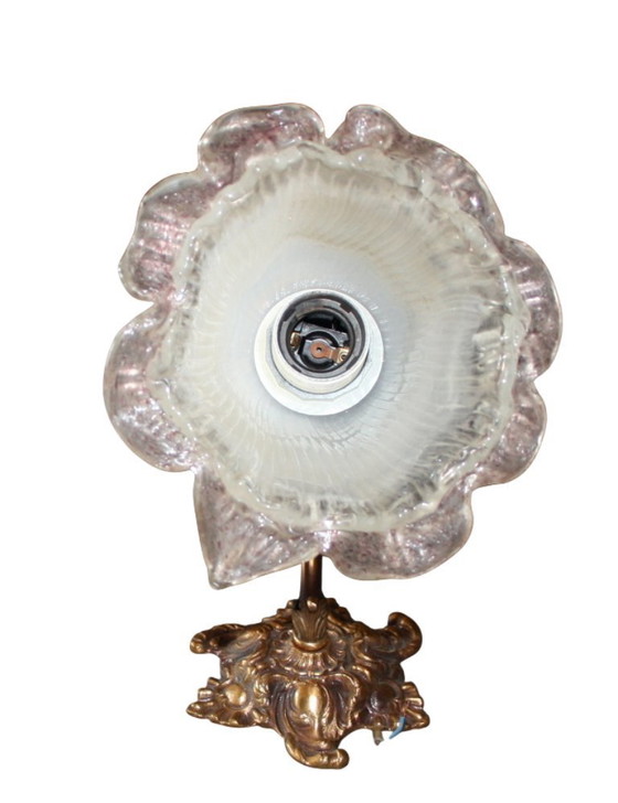 Antike Jugendstil-Tischlampe aus Bronze mit Glasblüte – ca. 31 cm hoch – Wandleuchten (photo 4 of 7)