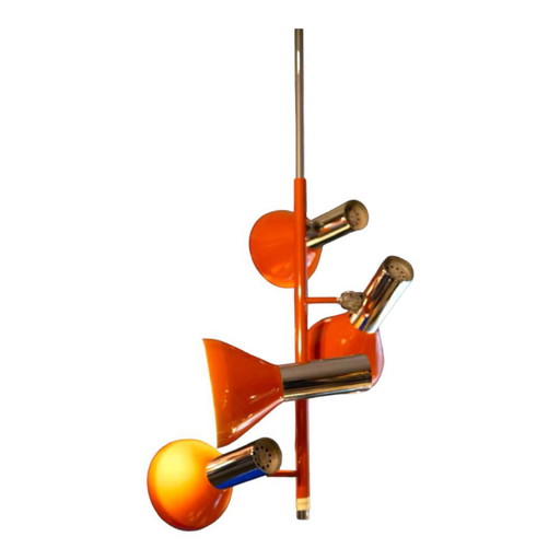 Vintage Space Age Verstelbare Hanglamp met 4 Spots in Verchroomd Staal & Oranje Lak, jaren 70
