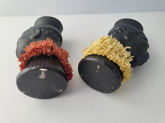 Image 1 of PAIR OF VINTAGE 1950S AFRICANIST VASES BLACK CERAMIC & STRAW 50S ROCKABILLY