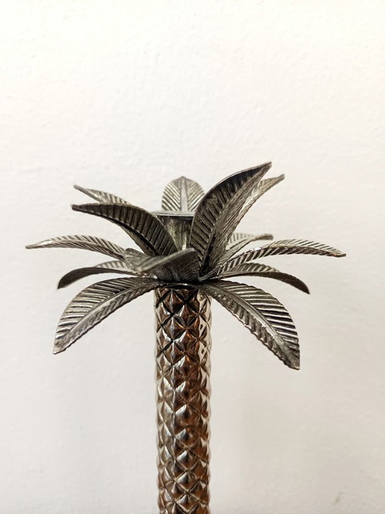 Image 1 of 2x Vintage palmboom kandelaars van zilverkleurig metaal