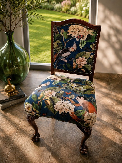 Fauteuils à griffes vintage - Tissu en velours exotique – stoelen fauteuils, Velvet, Wood (photo 2 of 5)
