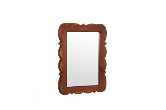 Massiver Eichenspiegel mit gewelltem Rand – Holz, Glas, Mid Century Modern (photo 3 of 4)